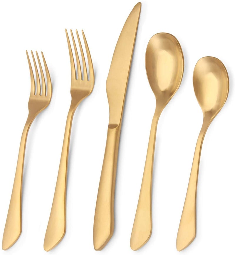 sharecook Matte Gold Silverware Set, 20-Piece Stainless Steel Flatware Set, Kitchen Utensil Set Service for 4, Satin Finish Tableware Cutlery Set for Home and Restaurant, Dishwasher Safe - Image 1